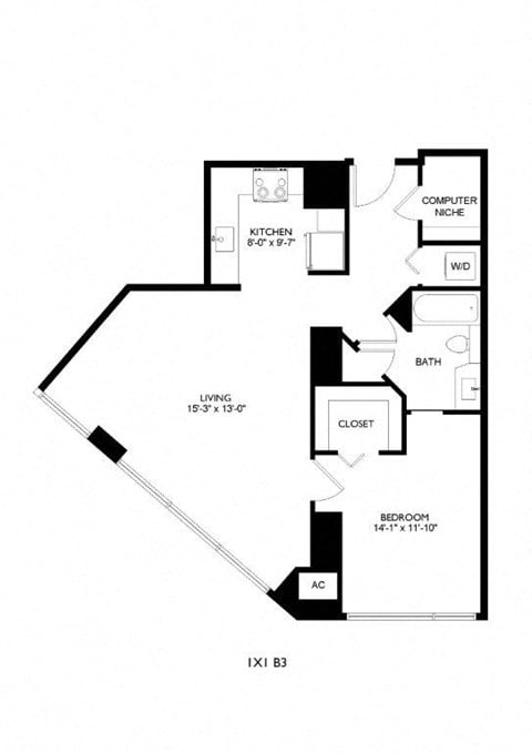 Floor plan for 1 bed, 1 bath, 784 sqft